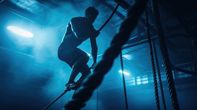 A dynamic shot of a rope climb exercise in a crossfit gym, showcasing the climber's strength and agility with high contrast and dramatic lighting.