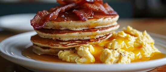 A dish consisting of a stack of pancakes with bacon and scrambled eggs, served on a plate, is a delicious combination of food and is perfect for breakfast or brunch.