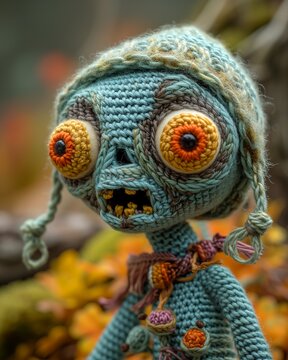 closeup crocheted zombie doll big eyes video princess hat still entertainment portrait