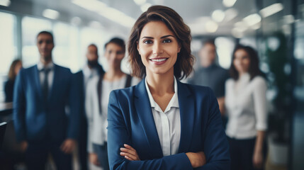 Smiling attractive confident professional woman posing at her business office with her coworkers and employees in the background - obrazy, fototapety, plakaty