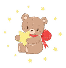 Hand drawn Cute Teddy Bear holds a star in his paws, Kids print vector illustration