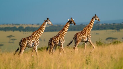 Obraz premium Graceful giraffes roaming the african savanna at sunset. wildlife in natural habitat. serene nature scene capturing elegance. AI