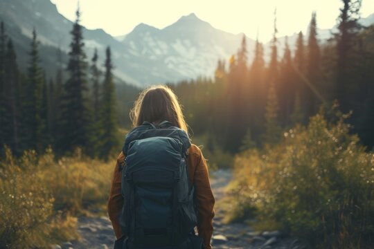 A woman hiker trekking through sunlit mountains and dense forest, with a backpack, seen from behind against a backdrop of sunshine