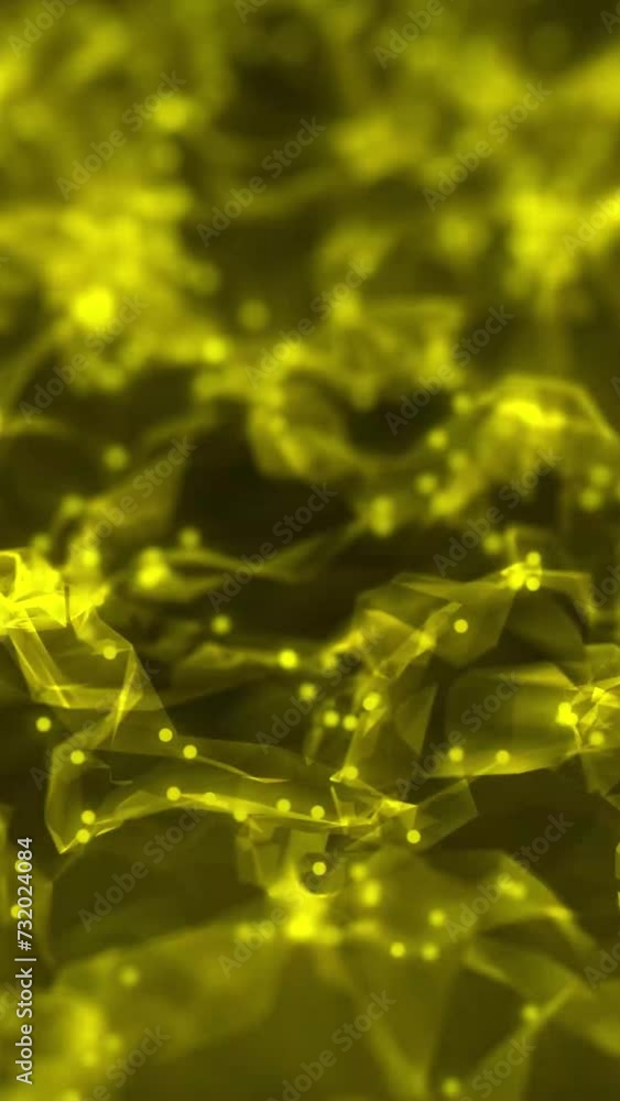 Wall mural yellow color abstract particle foam field waving smoothly like fluid. waving triangles particles mot