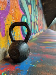 A kettlebell lined up against a vibrant, graffiti-covered gym wall, symbolizing strength and the raw, urban edge of fitness culture.