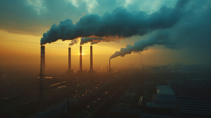 Golden sunset illuminating industrial smokestacks, emitting plumes of smoke, a stark contrast of natural beauty and industrial impact
