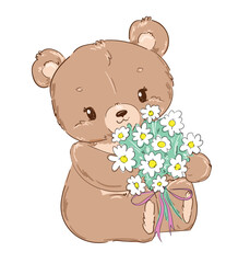 Hand drawn Cute Teddy Bear and flowers Kids print vector illustration