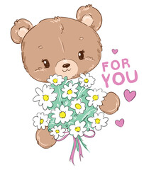Hand drawn Cute Teddy Bear and flowers Kids print vector illustration
