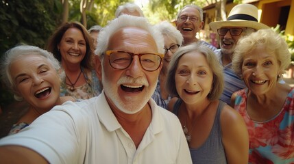Obraz premium Elderly Friends Smiling in Outdoor Selfie - Senior Group Enjoying Summer Holiday - Lifestyle Concept of Pensioners Having Fun Together - Cheerful Moments Captured with Smartphone.
