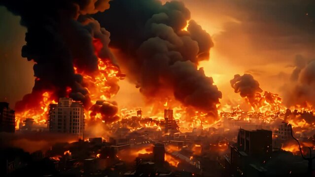 ruins of a big city after a catastrophe, covered with fire and smoke. post-apocalyptic theme. Generative AI