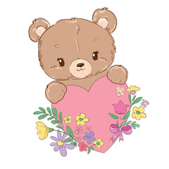 Hand drawn Cute Teddy Bear and flowers Kids print vector illustration
