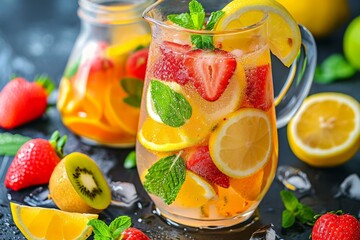 A pitcher and glass filled with a vibrant summer beverage or lemonade, accompanied by fruits