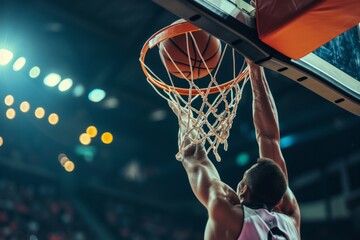 A basketball player slams a ball into the net during a game - obrazy, fototapety, plakaty