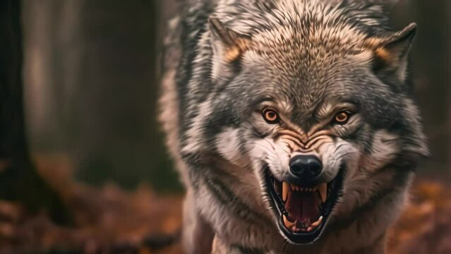 gray wolf in a grin. danger of attack. Generative AI