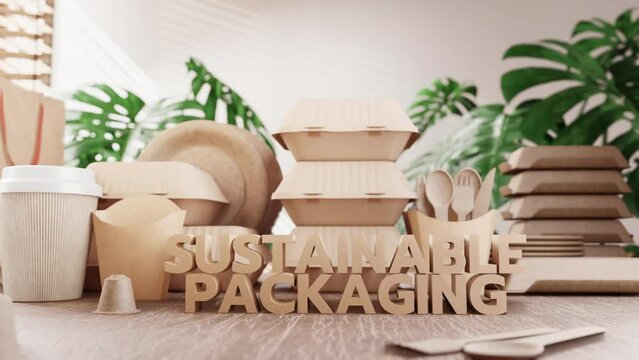 Eco-friendly packaging materials displayed, including cardboard boxes, paper bags, and biodegradable utensils, with "SUSTAINABLE PACKAGING" text.