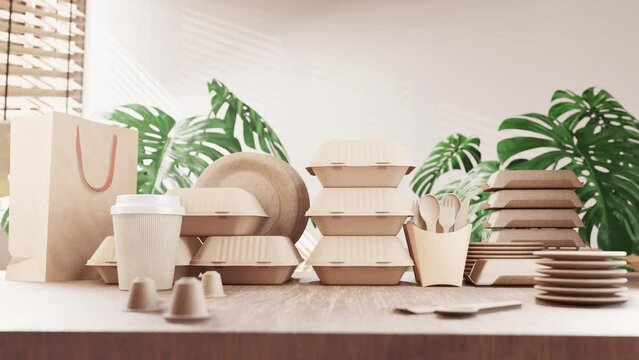 Assortment of sustainable packaging items on a table with a paper bag and green plants in the background, conveying an eco-conscious theme.