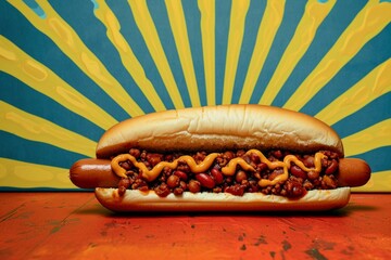 A solitary chili hot dog set against a pop-art backdrop