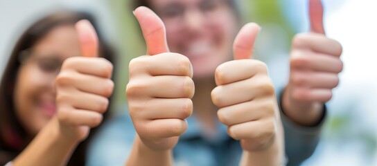 Group of people giving thumbs up, focus on hands. positive feedback, team success. casual style, blurred background. celebratory gesture. AI