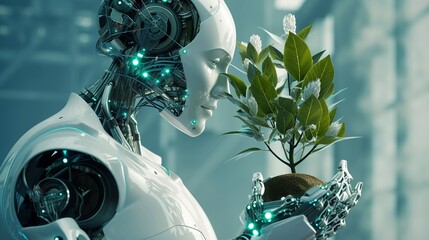 Humanoid robot holding a plant in his hand. 3d rendering. AI.