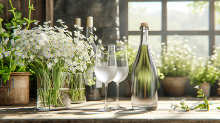 Elegant table setting with wine glasses and a bottle, complemented by fresh flowers, celebrating the art of fine dining and refreshment