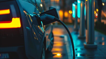 Charging an electric car in the city at night, close-up. AI.