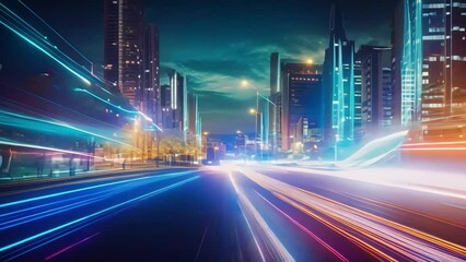 Timelapse of a night road on the background of skyscrapers. dynamics of lights merging in lines. Generative AI