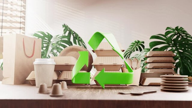 Eco-friendly packaging materials with a bright green recycling symbol in front, set against a backdrop of indoor plants, promoting recycling and sustainability.