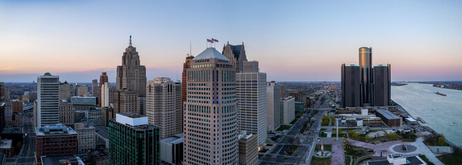 Aerial view of Detroit downtown under evening sunlight. Second biggest metropolitan area in American mid west.