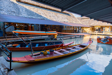 Fototapeta na wymiar Boats at Floating Market in Pattaya, Thailand. Established since 2008, major tourist attraction.