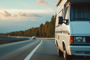 A camper van travels down a highway