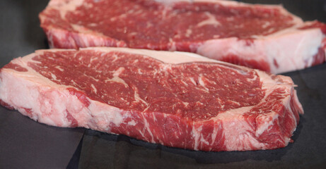Australian beef displayed at a butcher shop. Wagyu sirloin steak