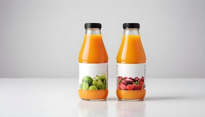 Two bottles of natural vegetable or fruit juices with black caps without labels isolated on a white...