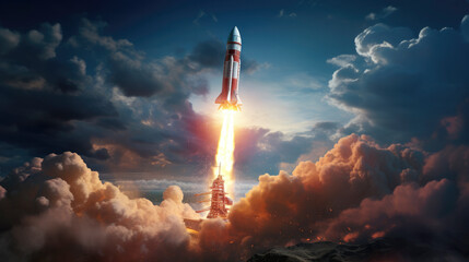 Modern space rocket blasting off. - obrazy, fototapety, plakaty