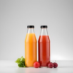 Two bottles of natural vegetable or fruit juices with black caps without labels isolated on a white background