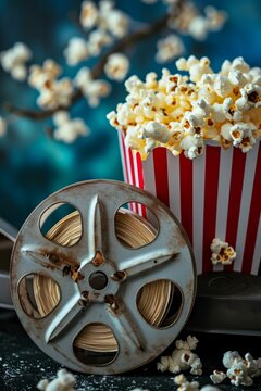 A movie reel and popcorn