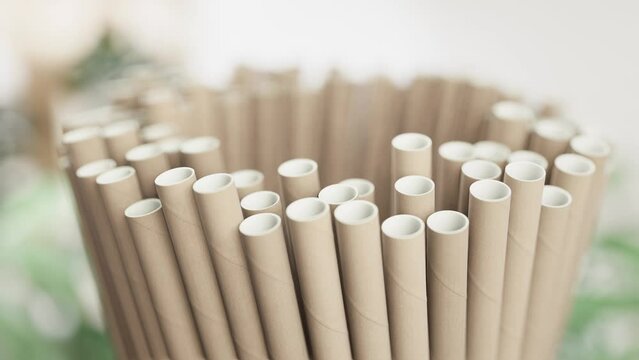 Close-up of a bundle of beige paper straws with selective focus, set against a blurred green plant background, signifying eco-friendly alternatives.