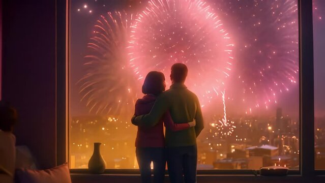 A couple in love looking at a colorful fireworks display from their apartment window. Generative AI