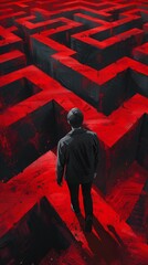 man standing maze red paint twin peaks small steps leading down escape room black flows full crossover confusing episode descent key visual illustration unconnected pack guide - obrazy, fototapety, plakaty