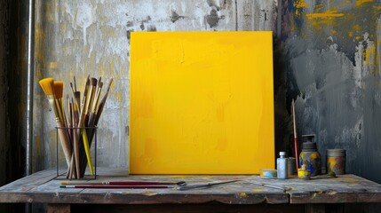 Creative workspace: Yellow canvas with artistic tools - a painter's inspiration in color