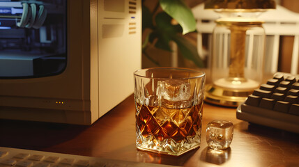 Cinematic wide angle photograph of a whisky glass on a desk with an 90s beige computer. Product photography. Advertising.