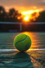 A snapshot of a tennis ball on the court at sunset