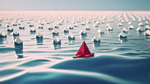 A red paper ship floats in the water among white ships. uniqueness and leadership. Generative AI