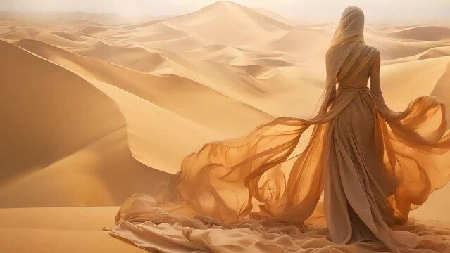 a woman in the desert sands, in a dress that blends in with the sand and blows in the wind. Generative AI	