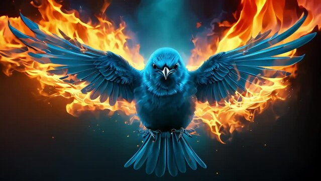 A bluebird with its wings engulfed in flames is a striking and evocative image. Generative AI