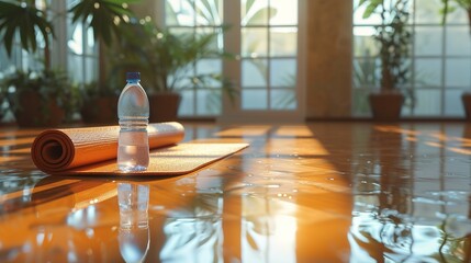 A reflective gym floor with a single yoga mat and a water bottle, capturing the tranquility and focus required for a mindful yoga practice. - obrazy, fototapety, plakaty