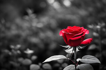 Fototapeta premium Black and white photo, contrast enhancing the texture of a single rose's petals, red petals standing out vividly against monochrome backdrop. Generative AI