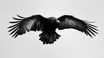 Majestic black raven in flight against a grey backdrop. wildlife photography in monochrome style. elegance and grace in nature captured. simplicity and freedom concept. AI