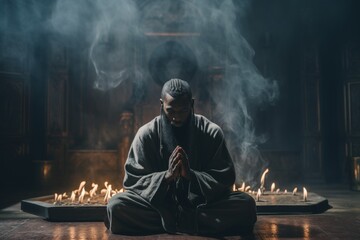 Christian devotee praying humbly before the sacred cross, seeking spiritual guidance and tranquility