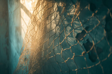 Fishing net is hanging on the wall. - obrazy, fototapety, plakaty
