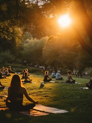 A serene outdoor yoga session at sunset, with participants on mats spread across the grass, the warm glow of the sun accentuating the peaceful ambiance and connection to nature.